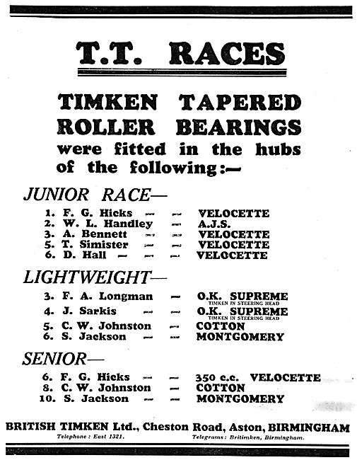 British Timken Tapered Roller Bearings  1929 Advert              