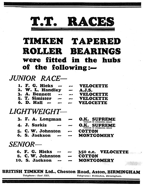 British Timken Tapered Roller Bearings  1929 Advert              