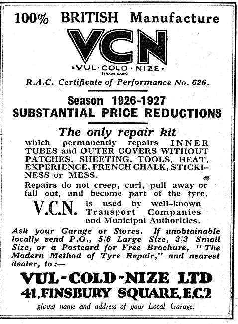 Vul-Cold-Nize VCN Puncture Repair Kit 1926 Advert                