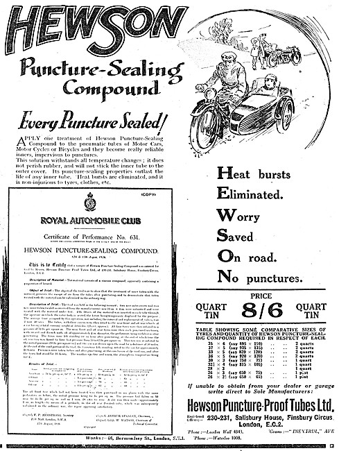 Hewson Puncture-Proof Tubes 1926 Advert                          