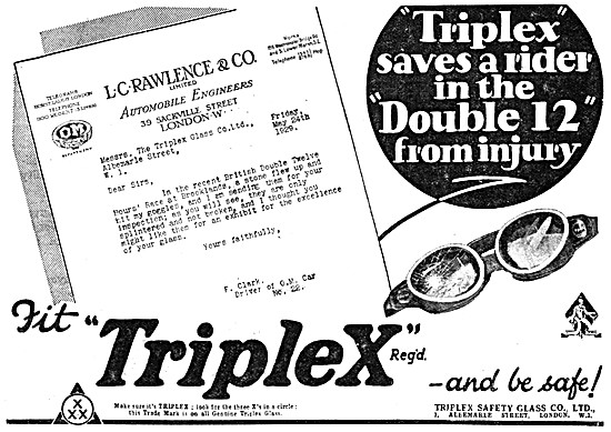 Triplex Safety Glass Goggles 1929 Advert                         