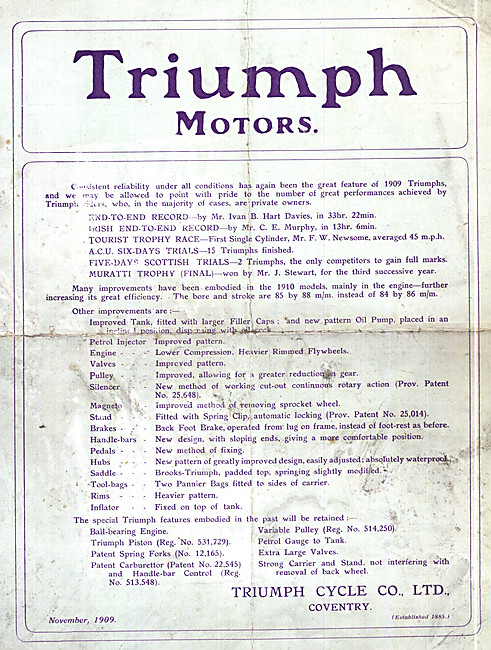 1909 Triumph Motor Cycle Sales Brochure 1/4                      