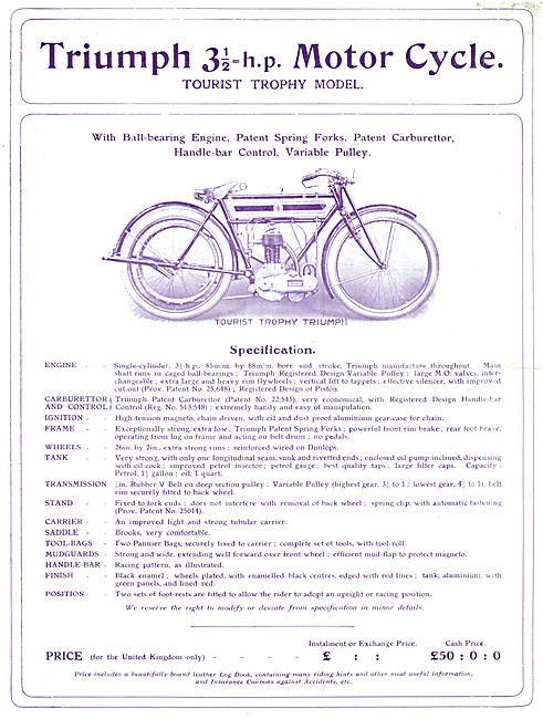Triumph Motor Cycle Sales Brochure 3.5 H.P. Tourist Trophy Model 