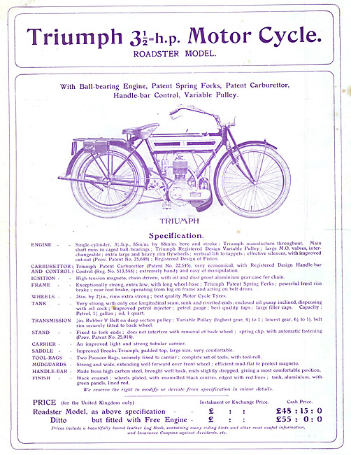 1909 Triumph Motor Cycle Sales Brochure 3.5 H.P. Roadster Model  