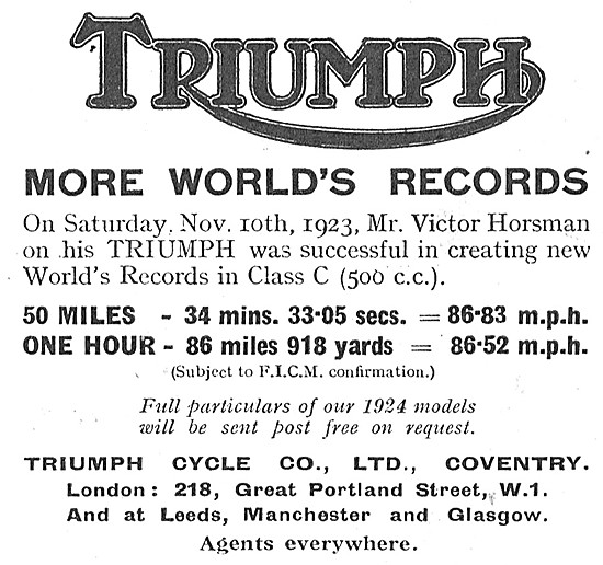 Triumph Motorcycles 1923 Worlds Records                          
