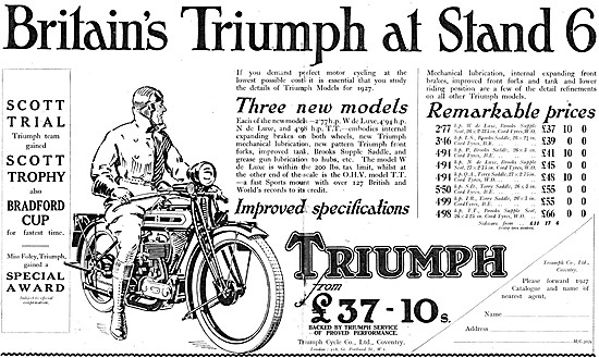List Of Triumph Motor Cycles & Prices 1926                       