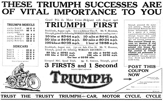 Triumph Motor Cycles & Sidecars Modles & Prices 1926             