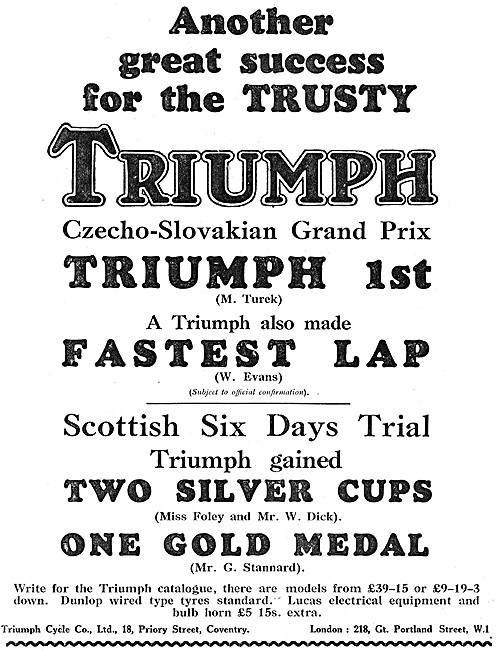 Triumph 1928 Czecho-Slovakian Winning Motor Cycles               