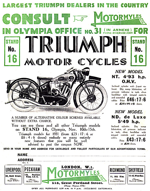 Motormyles For Triumph Motor Cycles - 1930 Triumph Model NT      