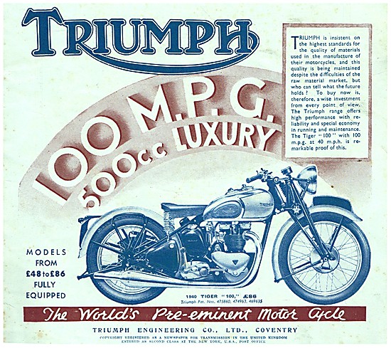 Triumph Tiger 100 500 cc 1940 Advert                             