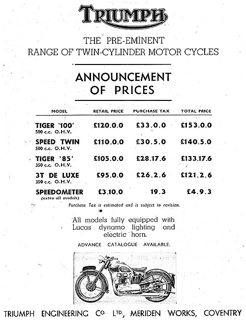 Triumph Motor Cycles Price List For Post War Model Range         