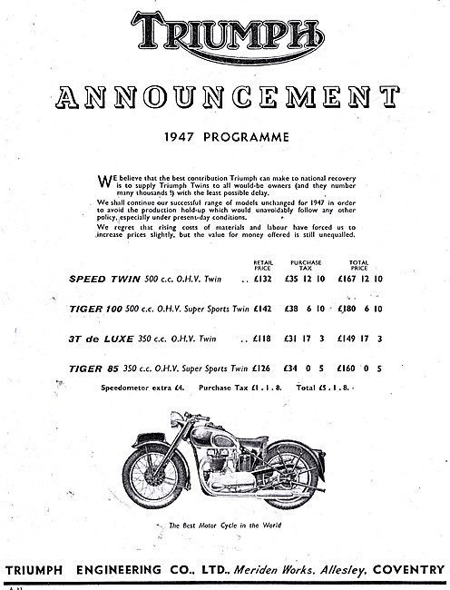 Triumph Motor Cycle Range For 1947                               