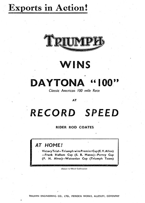 Triumph Motor Cycle Wins 1950 Daytona 100 Race                   