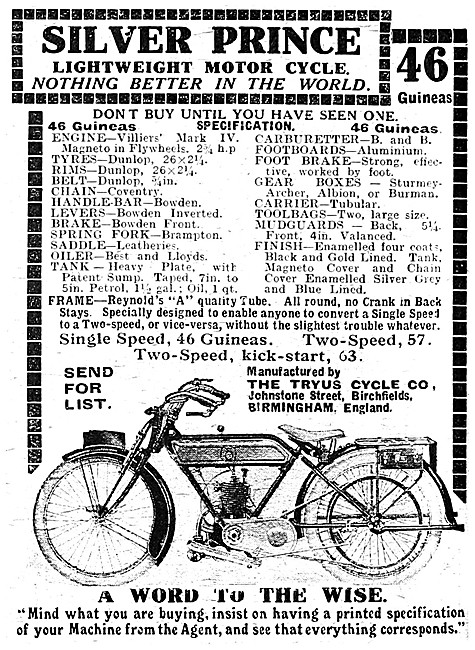 Tryus Motor Cycles - Tryus Silver Prince Motor Cycle 1921        