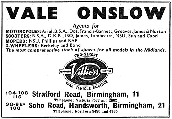 Vale Onslow Motorcycle Sales 1960 Advert                         