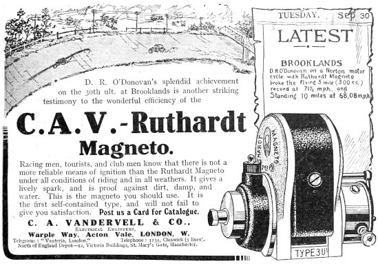 1913 C.A.V. Ruthardt Motorcycle Magneto Advert                   