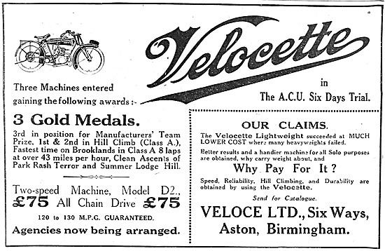 1920 Velocette Model D2 Motor Cycle Advert                       