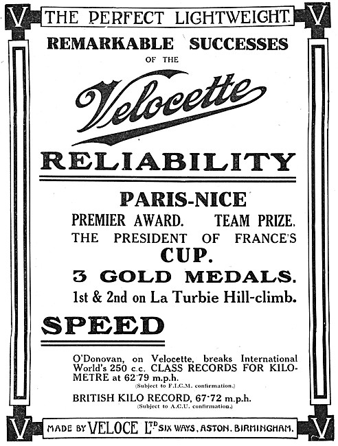 1921 Velocette Paris-Nice Reliabilty Trial Successes             