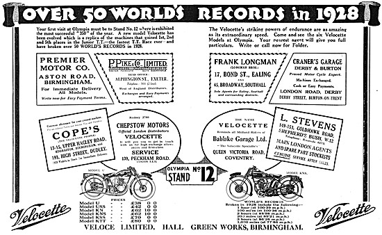 Velocette Motor Cycle Model Range For 1929                       