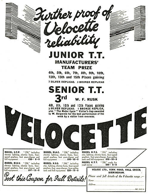 The Complete 1934 Range Of Velocette Motor Cycles                