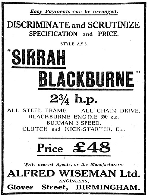 1923 Sirrah Blackburne Motor Cycles                              