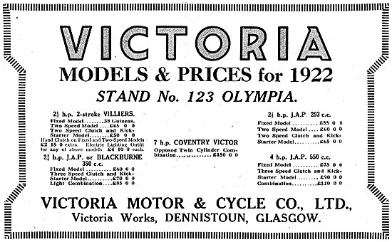 1922 Victoria Motor Cycles Models & Prices                       