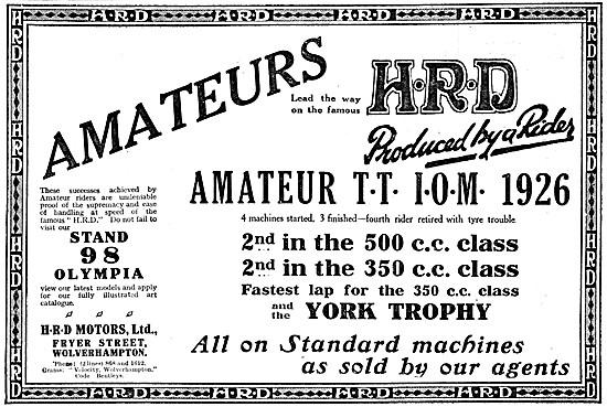 H.R.D. 500 cc Motor Cycles 1926 Advert                           