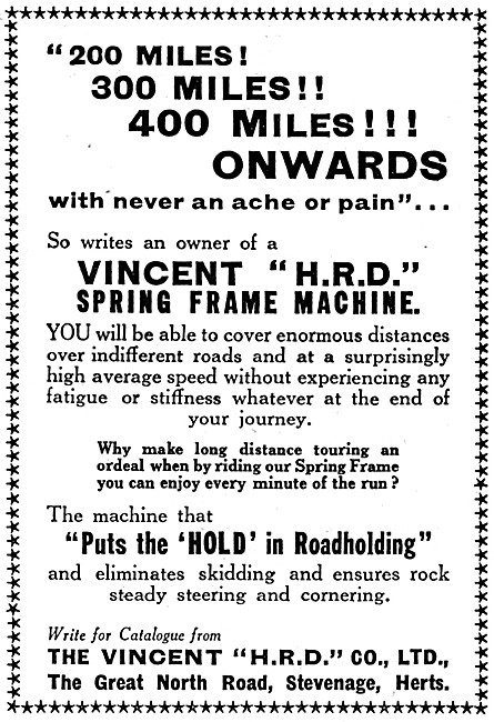 Vincent HRD Spring Frame Machine 1930                            