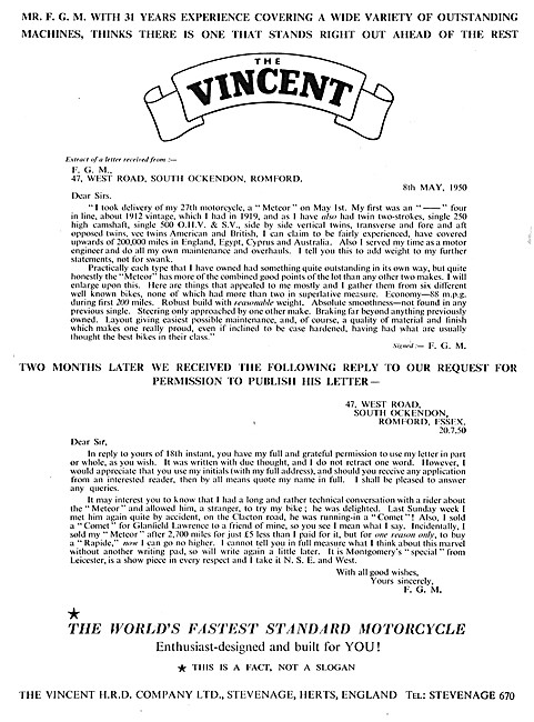 1950 Vincent Meteor Testimonial                                  