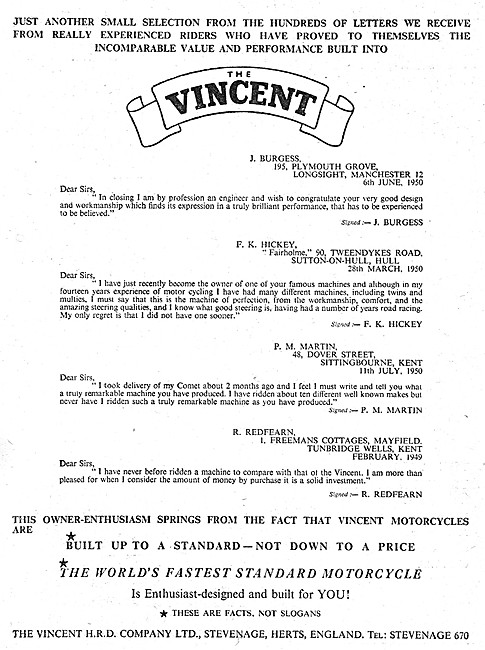 1950 Vincent Comet Testimonial                                   