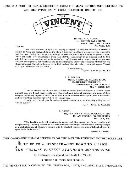 Vincent Rapide Advert 1951                                       