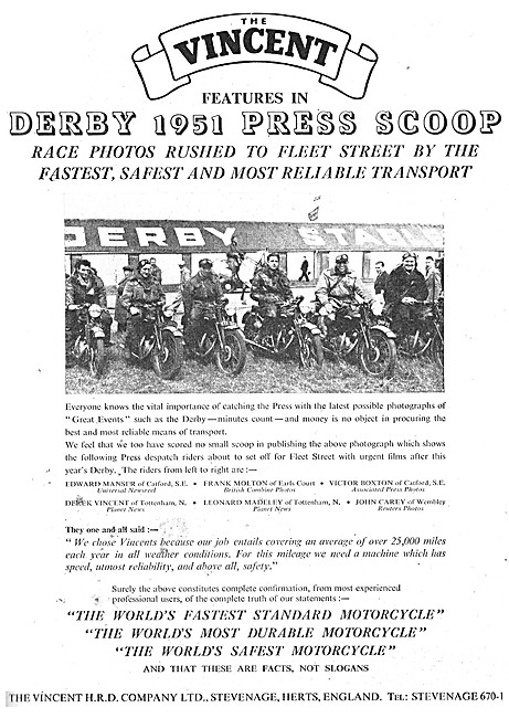 The 1951 Derby Fleet St Press Scoop Rode Vincent Motor bCycles   
