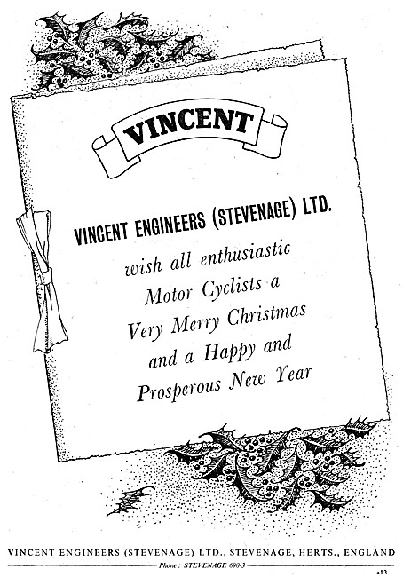 Vincent Engineers Christmas Greetings 1952                       
