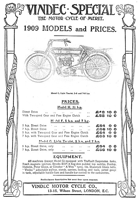 1908 Vindec Special Motor Cycle Range                            