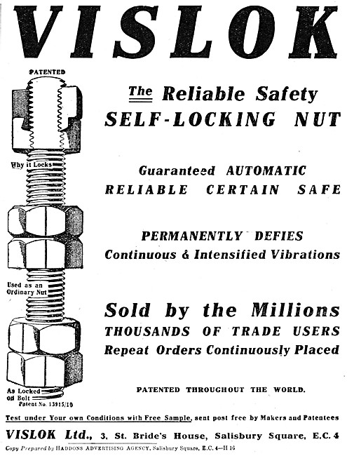Vislock Motor Cycle Lock Nuts 1920 Advert                        