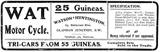 WAT Motor Cycles & Tri-Cars 1904 Advert                          