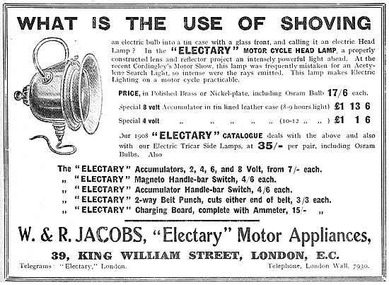 W. & R. Jacobs. Electary Motor Cycle Electrical Accessories      