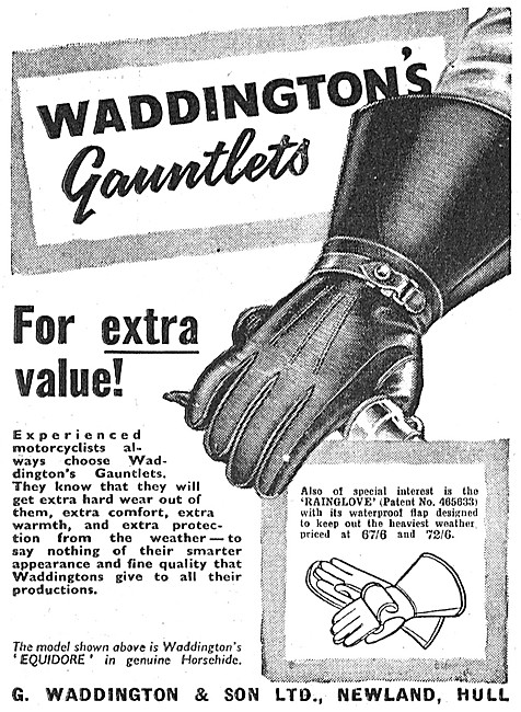 Waddingtons Motor Cycle Gauntlets 1956 Advert                    