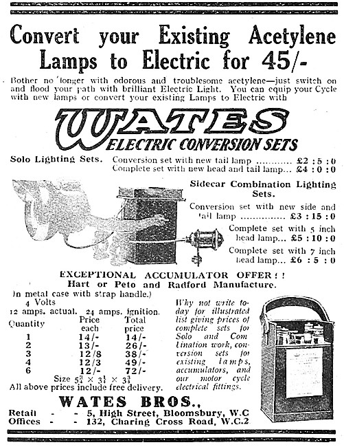 Wates Brothers Motor Cycle Batteries & Lighting Sets 1922        