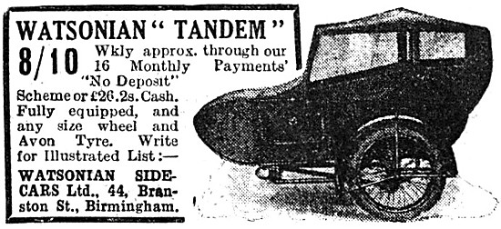 Watsonian Tandem Sidecar 1927 Advert                             