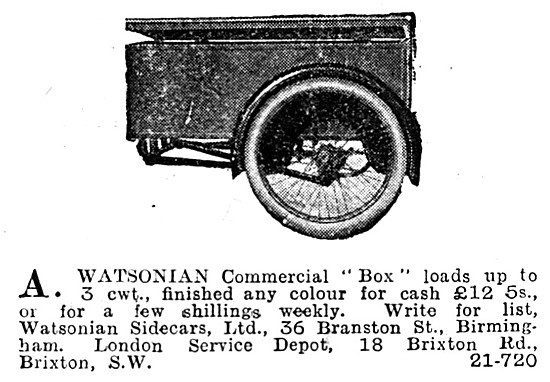 Watsonian Commercial Box  Sidecar 1929 Advert                    