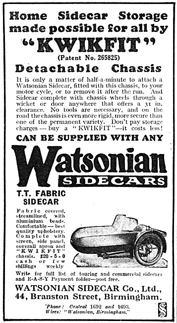 1930 Watsonian T.T. Fabric Sidecars                              