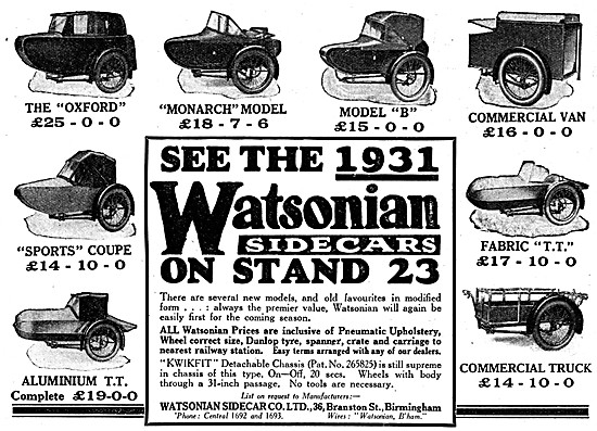 The Full Range Of Watsonian Domestic & Commercial Sidecars 1930  