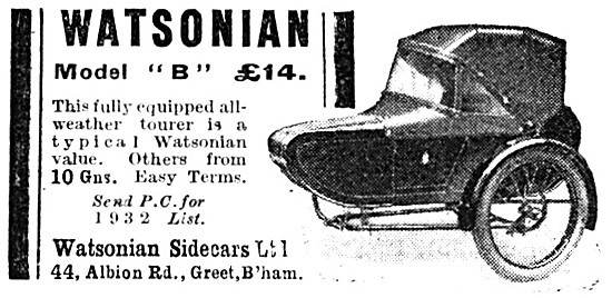 Watsonian Model B Sidecar 1932 Advert                            