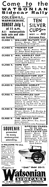 The 1934 Watsonian Sidecar Rally Programme Of Events             