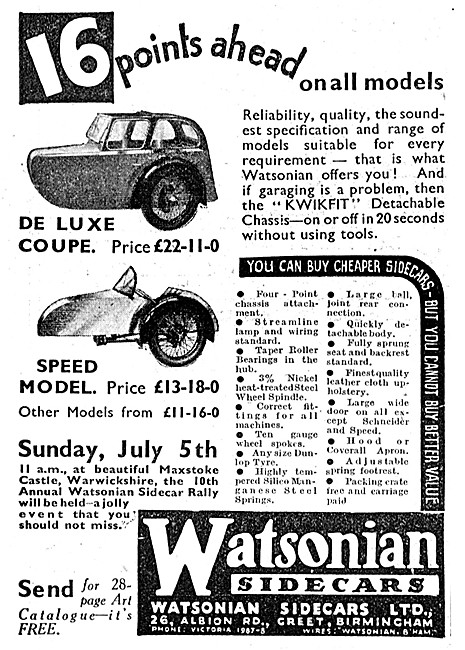 Watsonian Sidecars 1936                                          