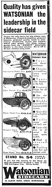 The Full Range Of 1937 Watsonian Sidecars                        