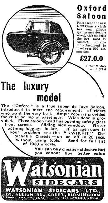 1937 Watsonian Oxford Saloon Sidecar Advert                      