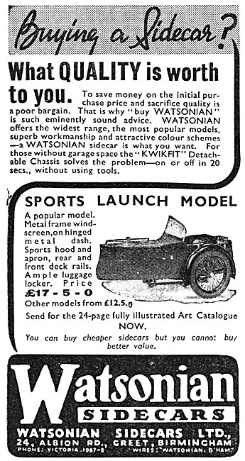 1939 Watsonian Sports Launch Sidecar                             