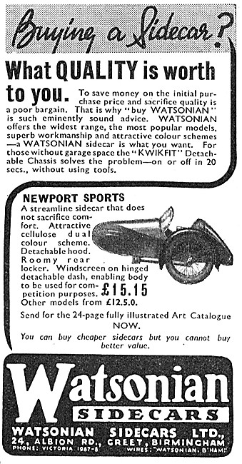 1939 Watsonian Newport Sports Sidecar                            